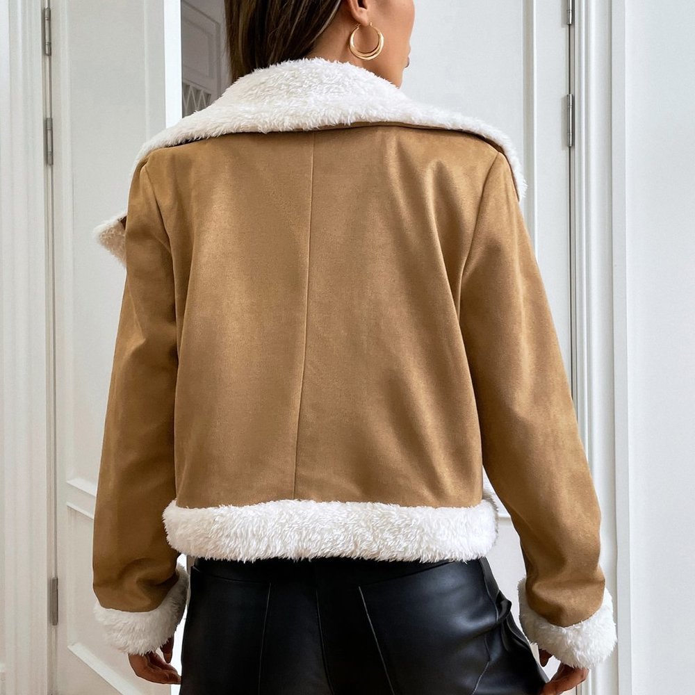 Khaki Casual Womens Teddy Lined Open Front Suedette Moto Jacket - Picture 4 of 5